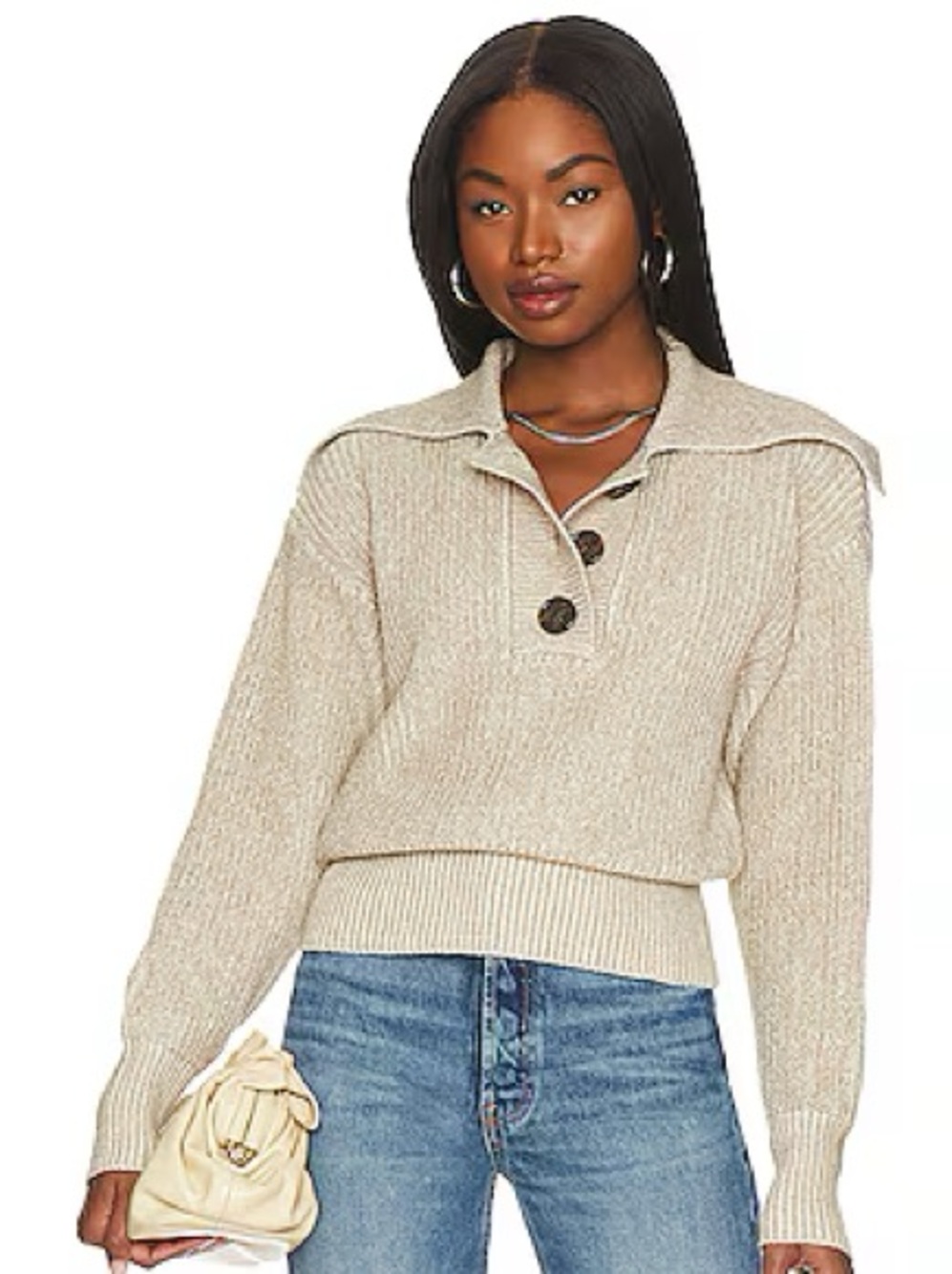 Varley Light Cream Ribbed Button-Front Turtleneck Sweater